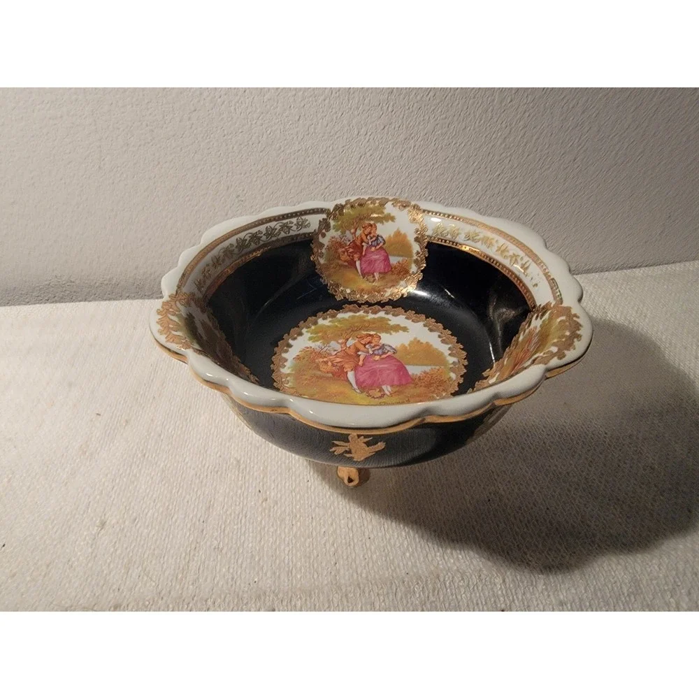 FRAGONARD VINTAGE COBALT GOLD EUROPEAN DESIGN DECORATIVE PORCELAIN BOWL‎